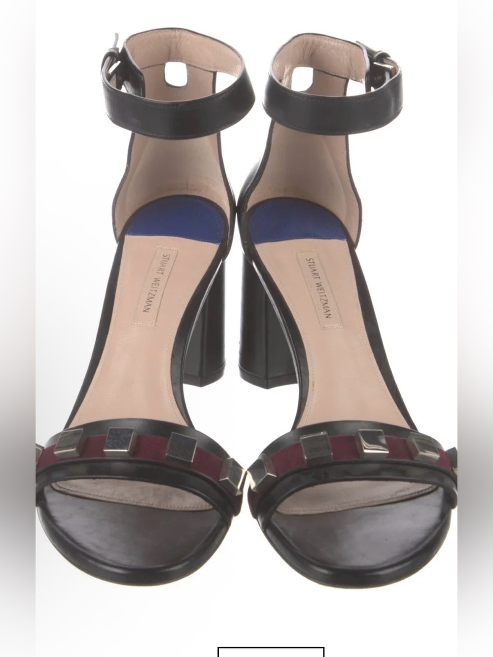 Stuart Weitzman Black and Burgundy Studded Block Heel Sandals